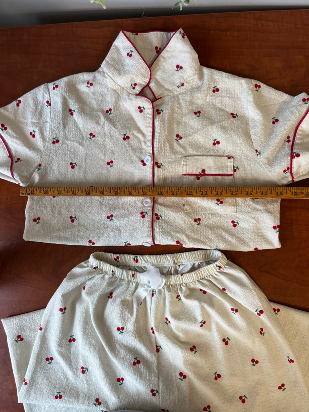 🍒 Cherry Print Pajama Set Red Piping Short Sleeve Button Top Drawstring Pants - Picture 7 of 11